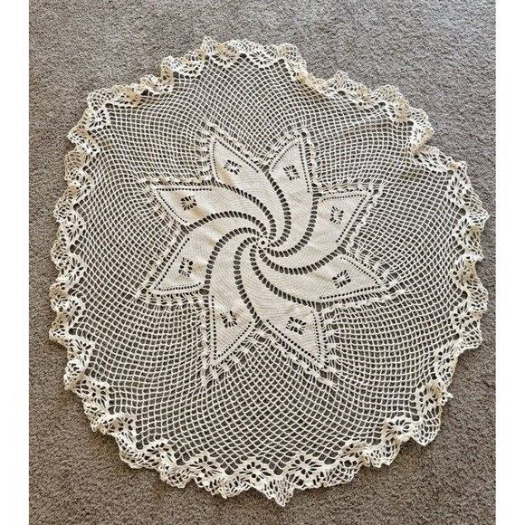 VINTAGE Handmade Beige Round Crochet Table Doily 38" - Picture 1 of 6
